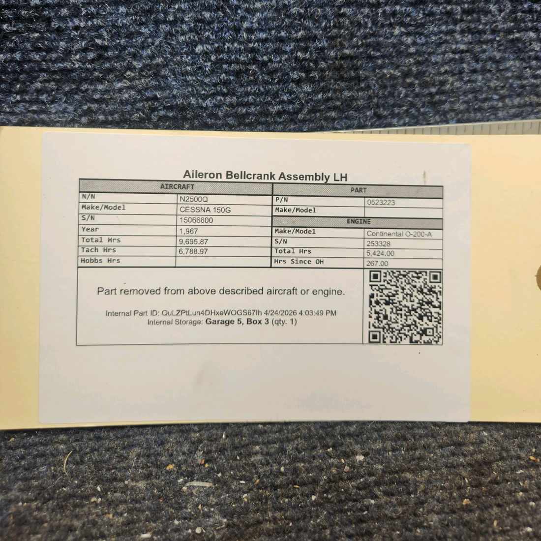 Used aircraft parts for sale, 0523223 cessna 150G Aileron Bellcrank Assembly – LH