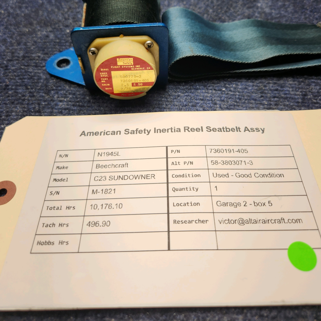 Used aircraft parts for sale, 7360191-405 America Safety Beechcraft C23 SUNDOWNER INERTIA REEL SEATBELT ASSY