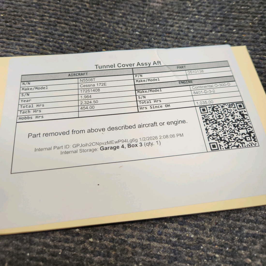 Used aircraft parts for sale, 0510138 Cessna 172E Tunnel Cover Assy  Aft