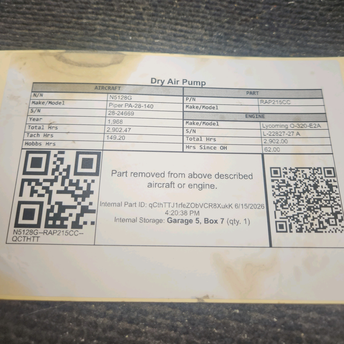 Used aircraft parts for sale, RAP215CC Lycoming Piper PA-28-140 Dry Air Pump