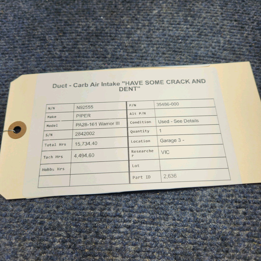 Used aircraft parts for sale, 35486-000 PIPER PA28-161 Warrior III DUCT - CARB AIR INTAKE "HAS SOME CRACK AND DENT"