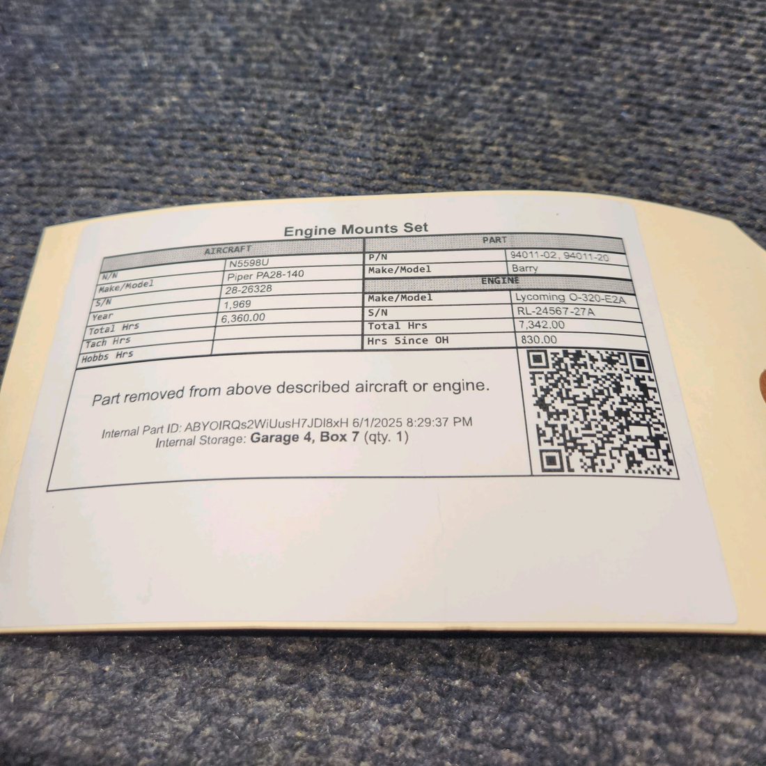 Used aircraft parts for sale, 94011-02, 94011-20 Barry Piper PA28-140 Engine Mounts Set