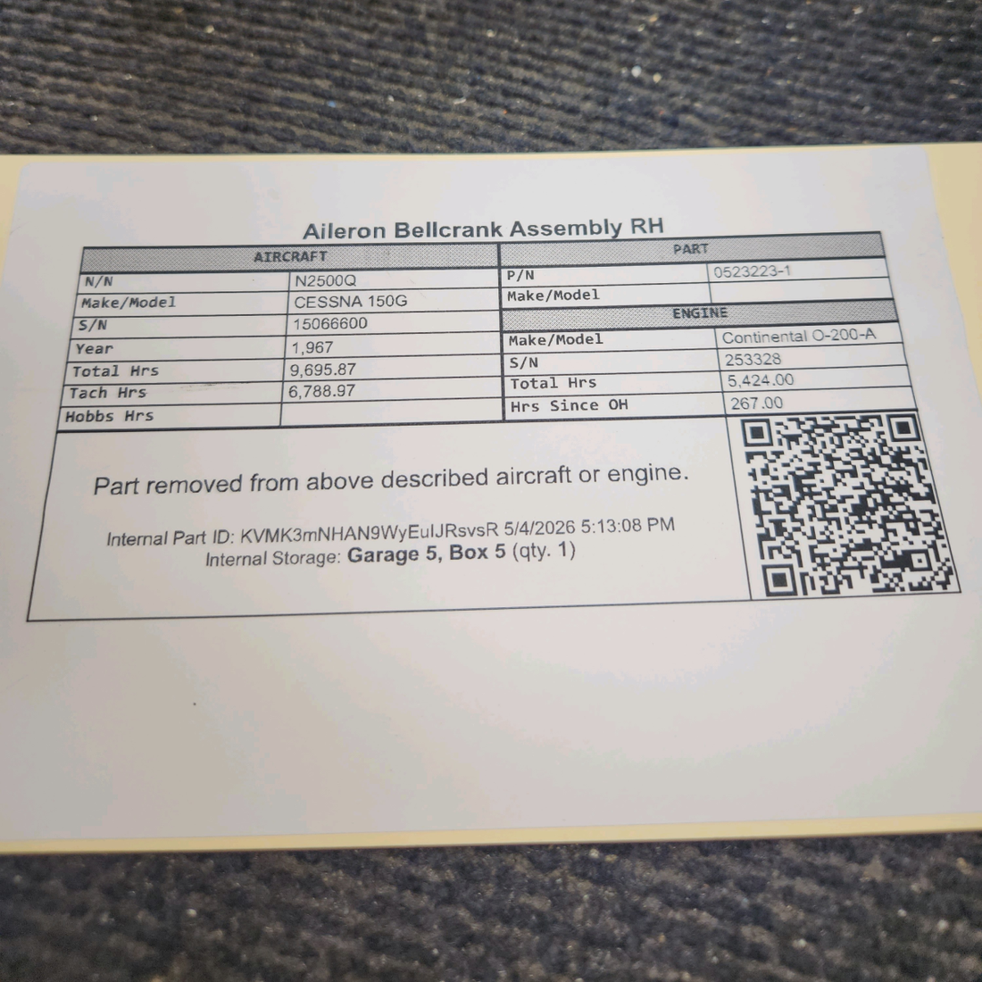 Used aircraft parts for sale, 0523223-1 cessna 150G Aileron Bellcrank Assembly – RH