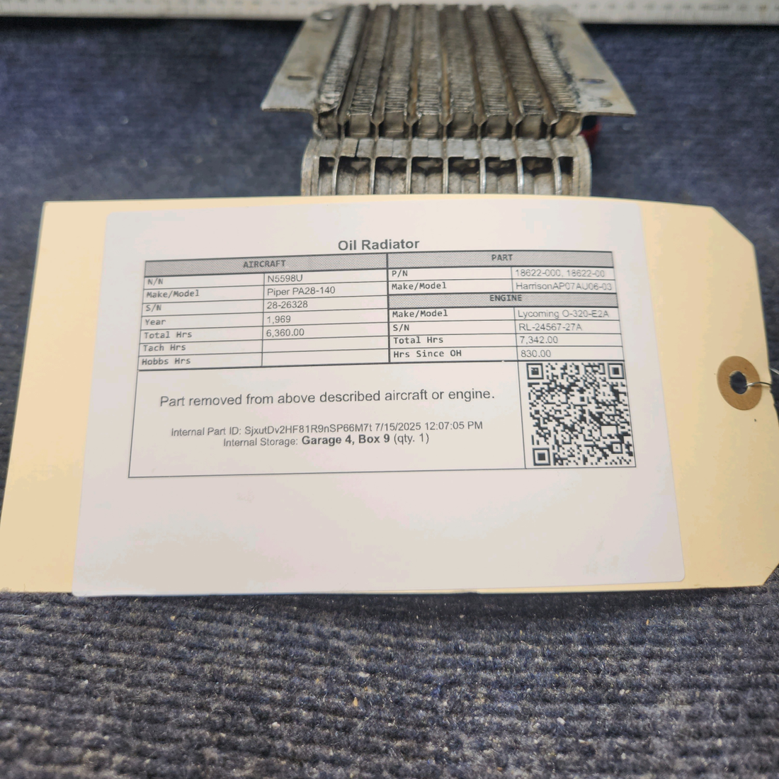 Used aircraft parts for sale, 18622-000 Harrison AP07AU06-03 Piper PA28-140 Oil Radiator