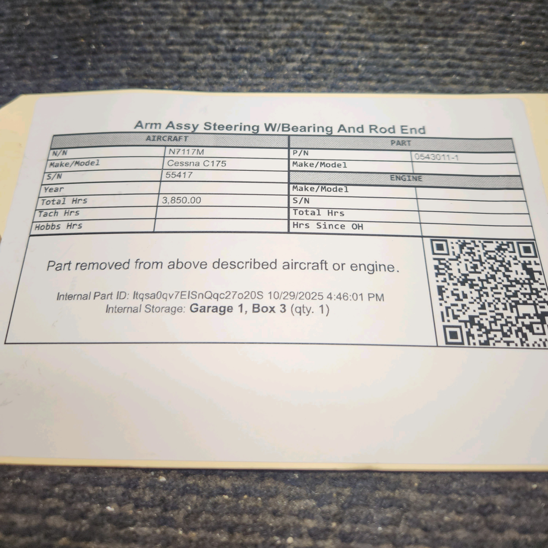 Used aircraft parts for sale, 0543011-1 Cessna C175 Arm Assy Steering W/Bearing And Rod End