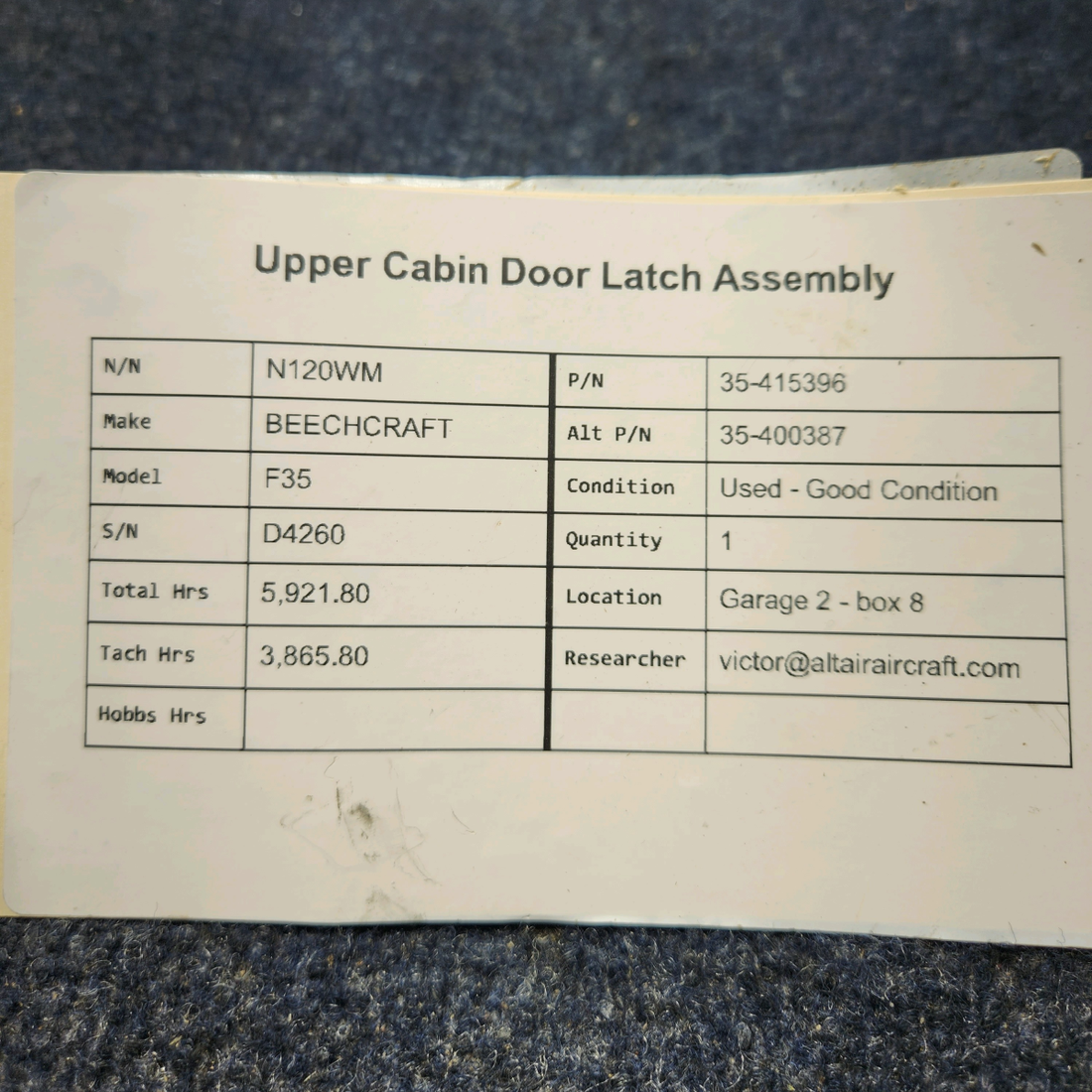 Used aircraft parts for sale, 35-415396 BEECHCRAFT F35 UPPER CABIN DOOR LATCH ASSEMBLY