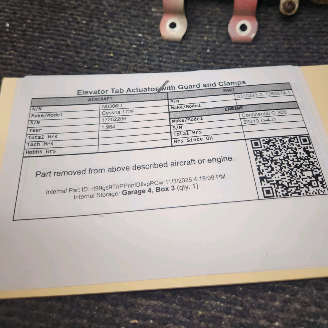 Used aircraft parts for sale, 0310293-2 Cessna 172F Elevator Tab Actuator with Guard and Clamps