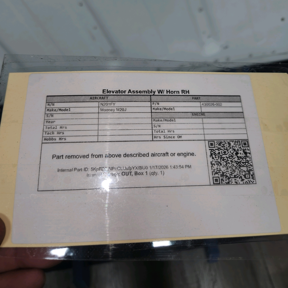 Used aircraft parts for sale, 430026-002 Mooney M20J Elevator Assembly W/ Horn RH