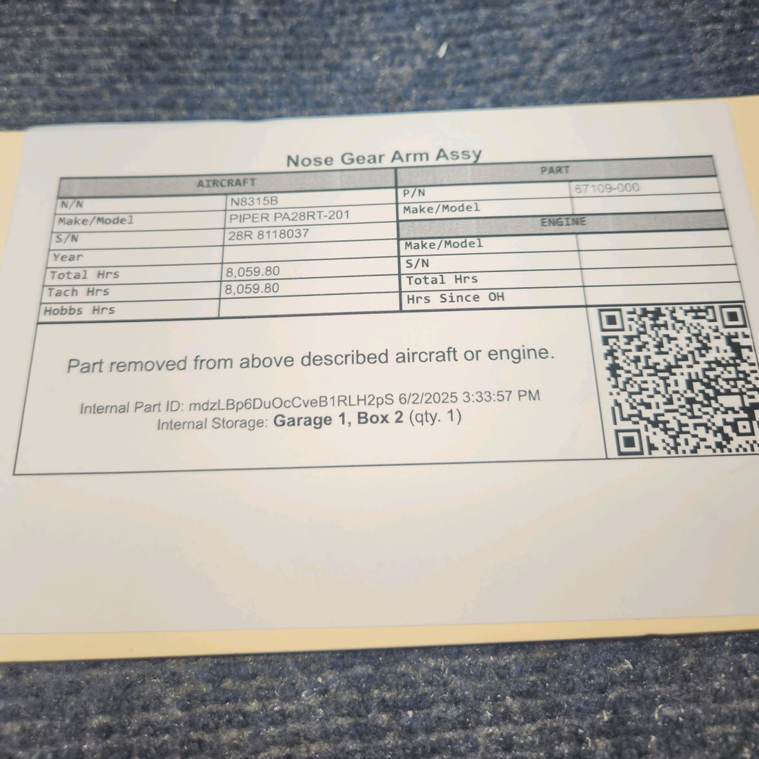 Used aircraft parts for sale, 67109-000 PIPER PA28RT-201 Nose Gear Arm Assy