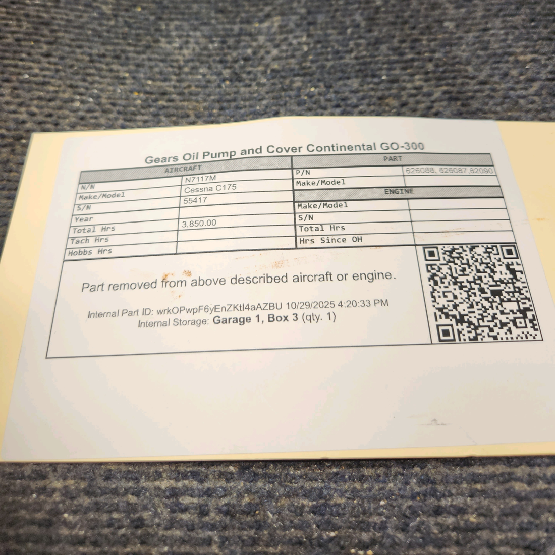 Used aircraft parts for sale, 626088 Continental GO-300 Cessna C175 Oil Pump Gears and Cover