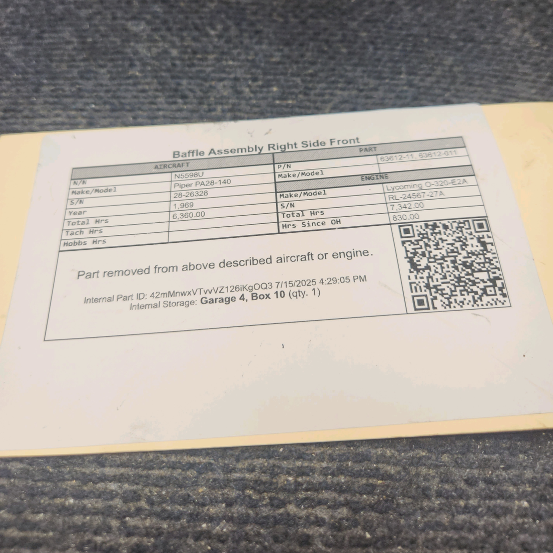 Used aircraft parts for sale, 63612-11 Lycoming O-320 Piper PA28-140 Baffle Assembly Right Side Front