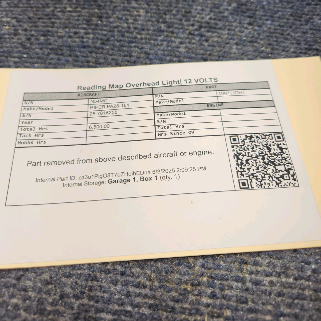 Used aircraft parts for sale, MAP LIGHT PIPER PA28-161 Reading Map Overhead Light| 12 VOLTS