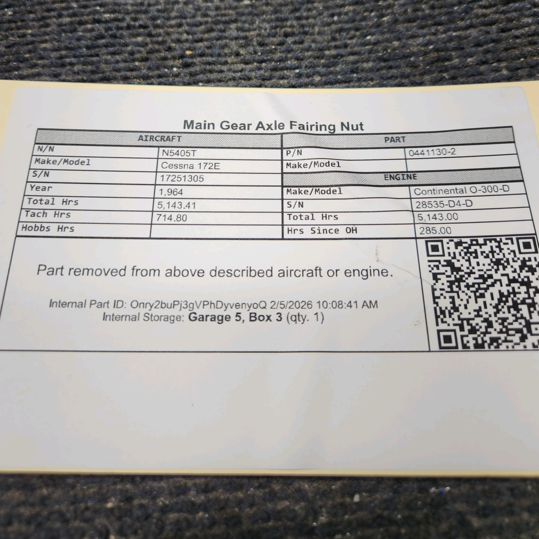 Used aircraft parts for sale, 0441130-2 Cessna 172E Main Gear Axle Fairing Nut (Length: 2.563")