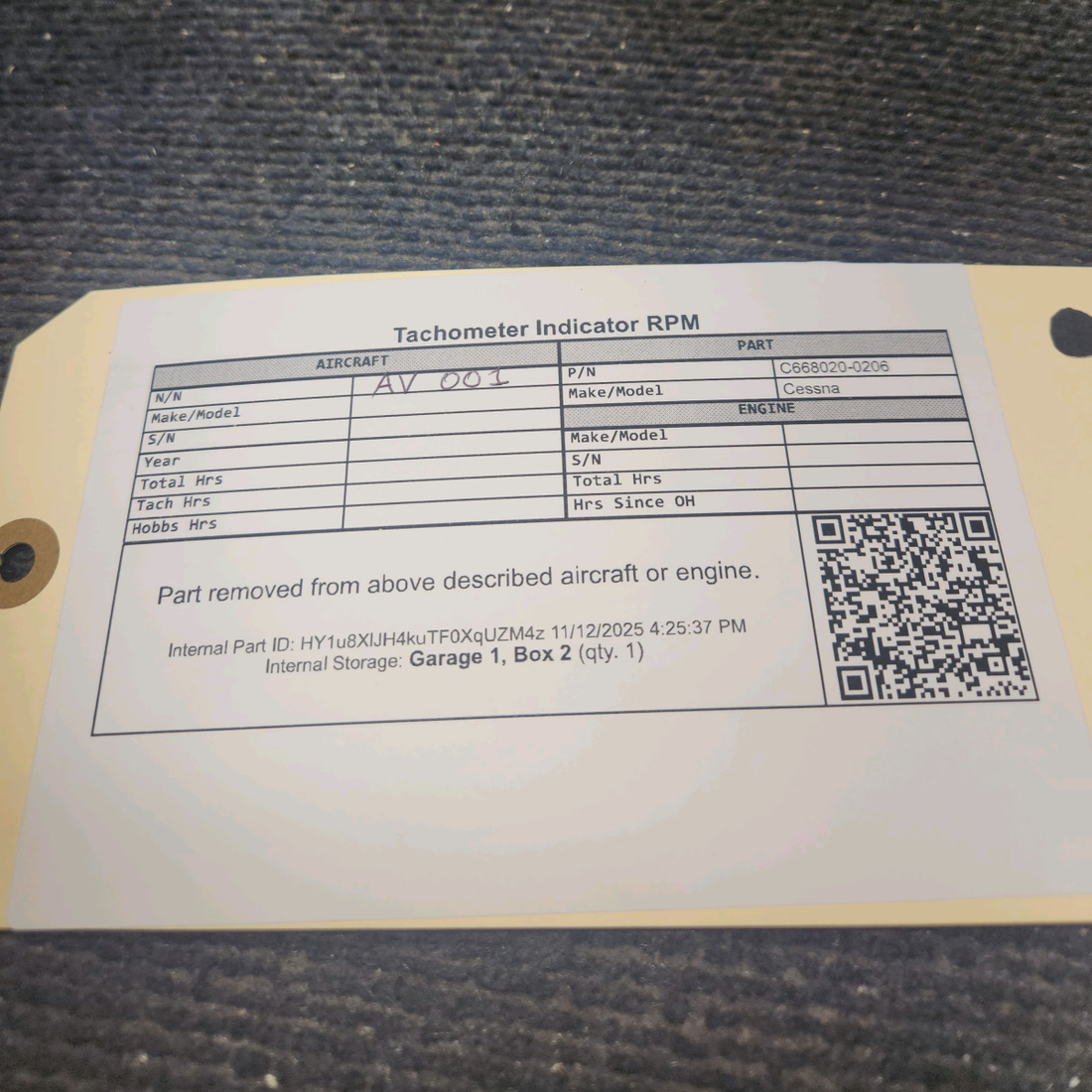 Used aircraft parts for sale, C668020-0206 Cessna Tachometer Indicator RPM