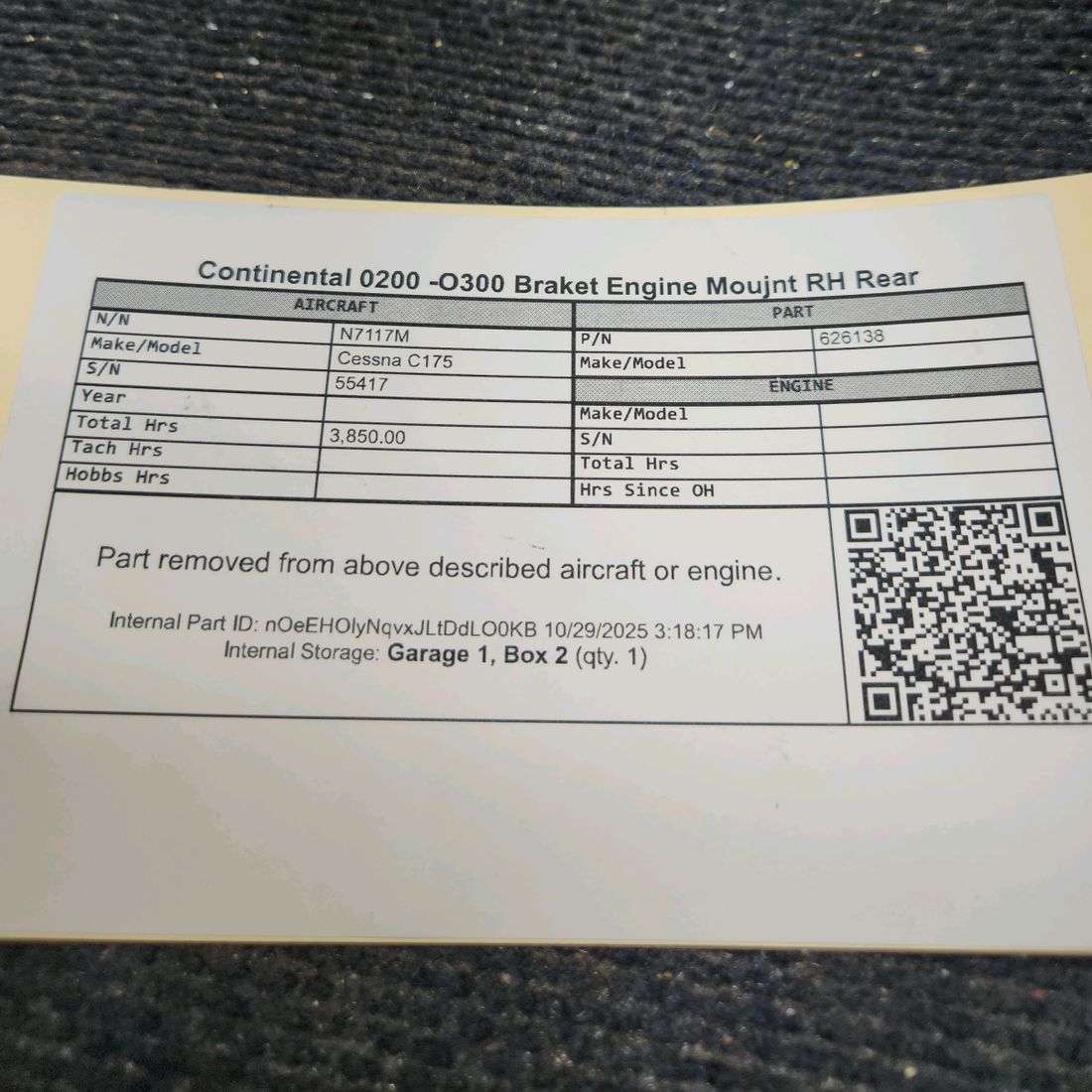 Used aircraft parts for sale, 626138 Continental O-200, O-300 Cessna C175 Bracket Engine Mount - RH Rear