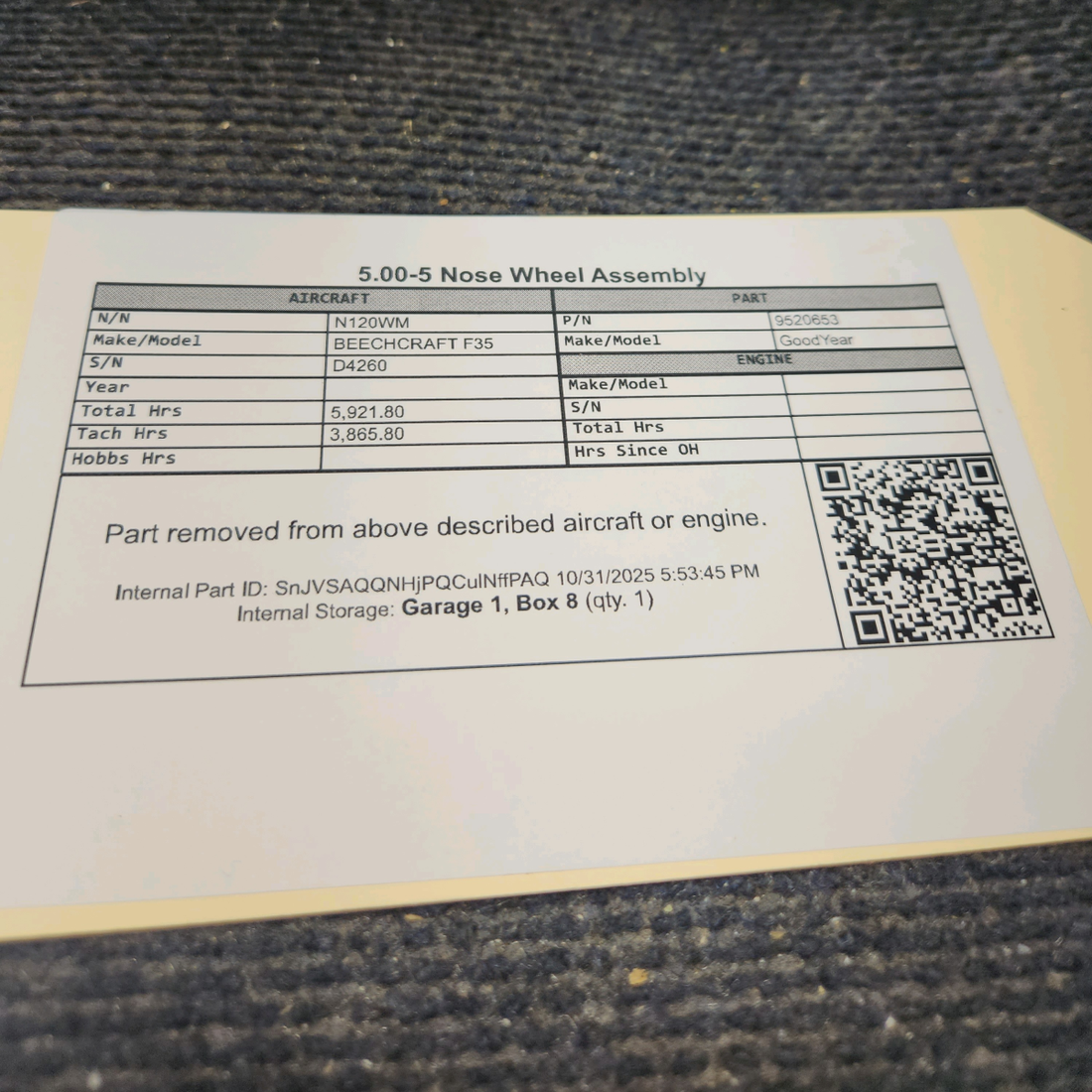 Used aircraft parts for sale, 9520653 GoodYear BEECHCRAFT F35 Nose Wheel Assembly 5.00-5