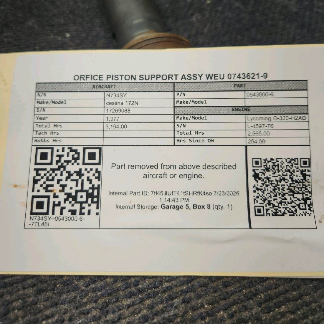 Used aircraft parts for sale, 0543000-6 cessna 172N Orifice Piston Support Assembly