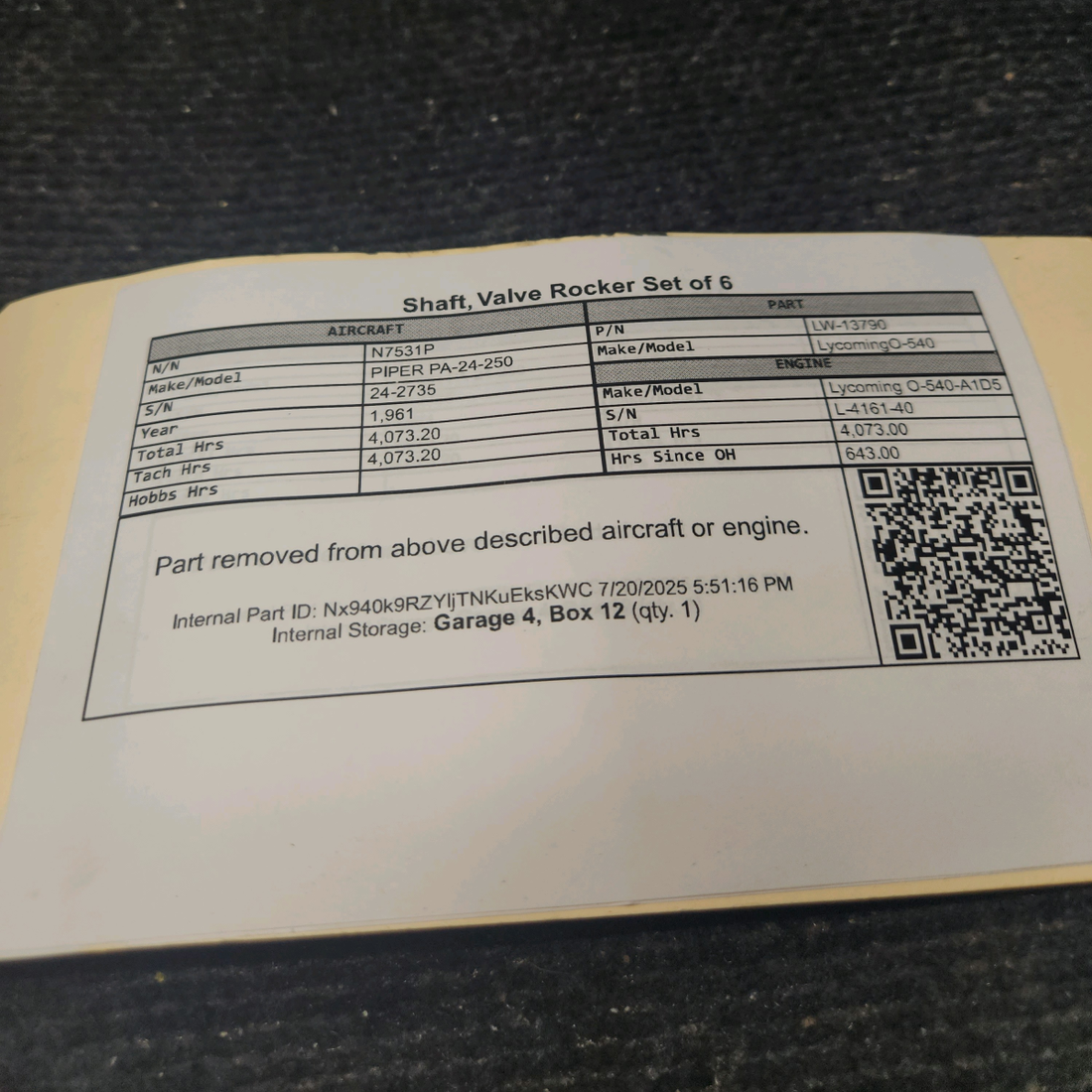 Used aircraft parts for sale, LW-13790 Lycoming O-540 PIPER PA-24-250 Shaft, Valve Rocker - Set of 6