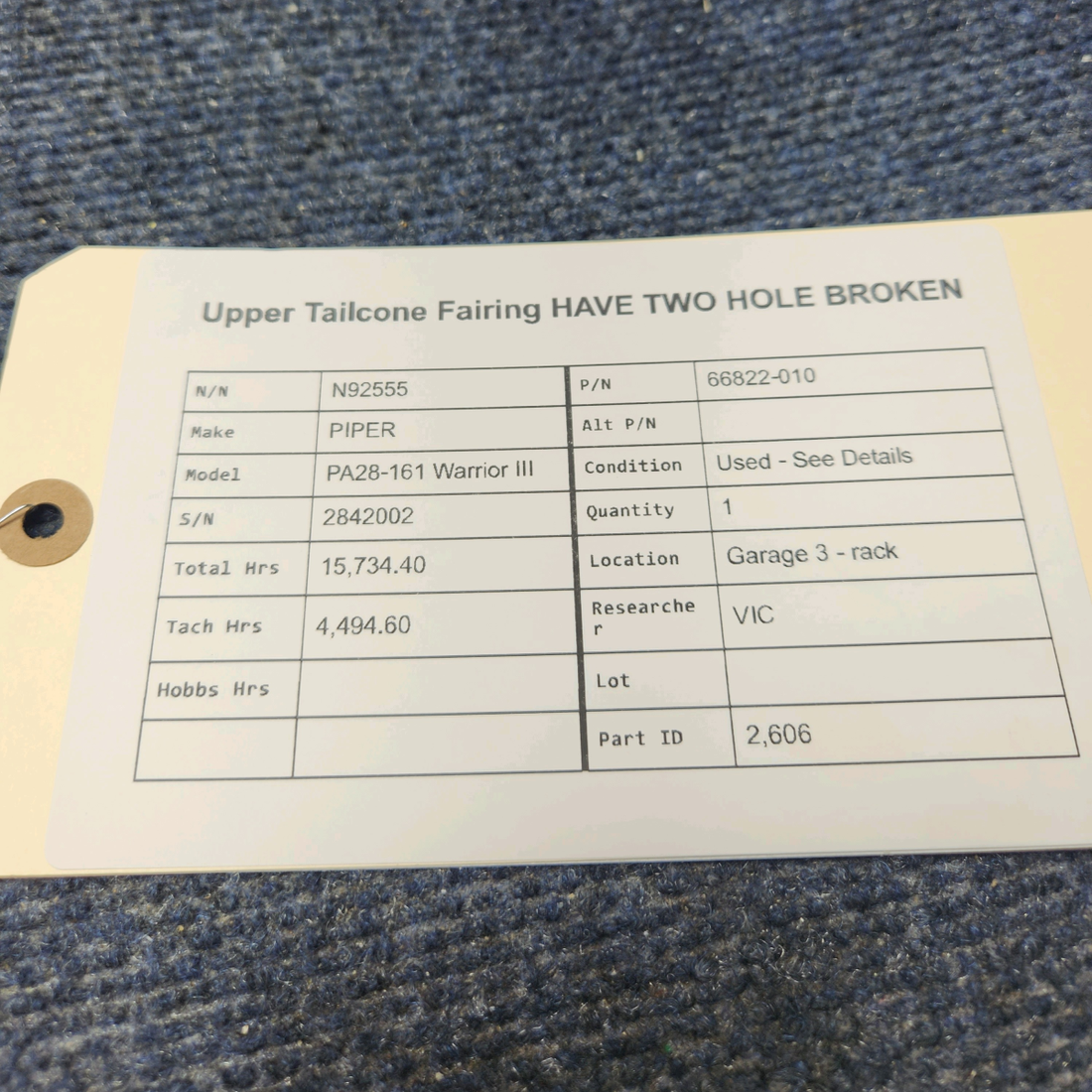 Used aircraft parts for sale, 66822-010 PIPER PA28-161 Warrior III UPPER TAILCONE FAIRING HAS TWO BROKEN HOLES