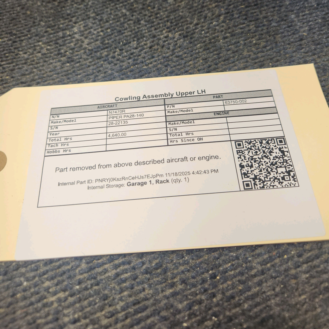 Used aircraft parts for sale, 63750-002 Piper PA28-140 Upper Cowling Assembly - LH