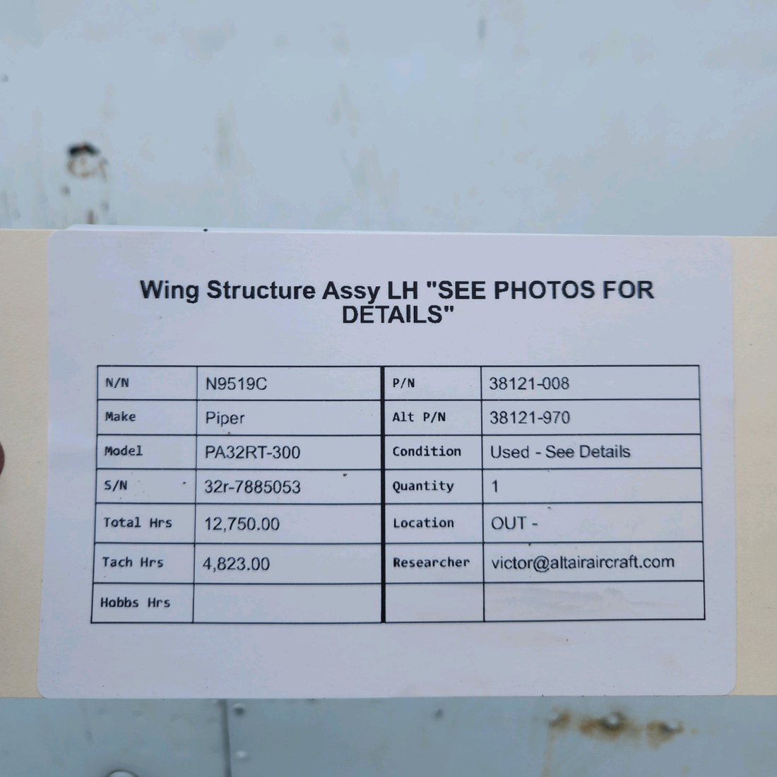 Used aircraft parts for sale, 38121-008 Piper PA32RT-300 WING STRUCTURE ASSY LH "SEE PHOTOS FOR DETAILS"