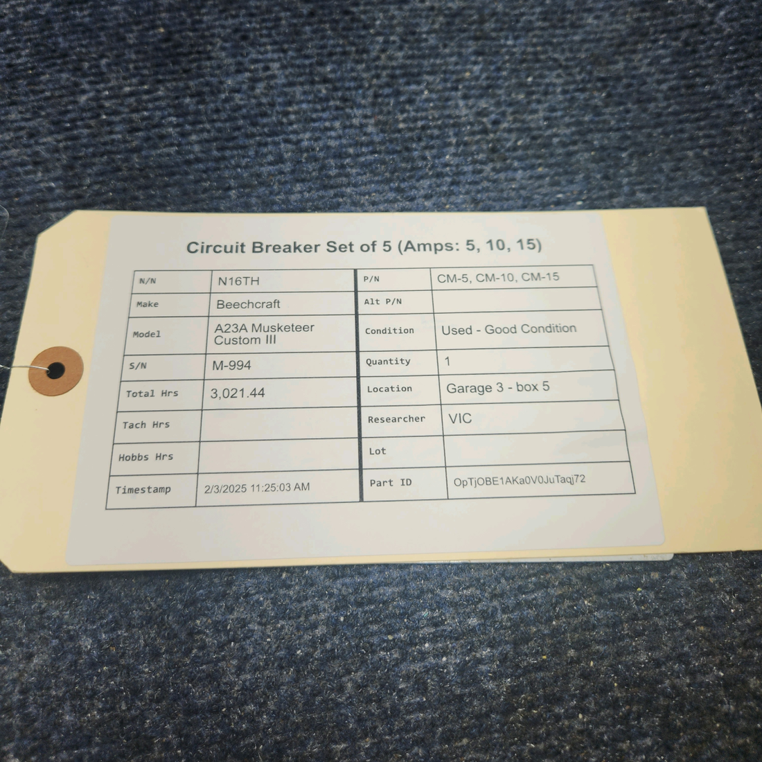 Used aircraft parts for sale, CM-5, CM-10, CM-15 Beechcraft A23A Musketeer Custom III CIRCUIT BREAKER SET OF 5 (AMPS: 5, 10, 15)