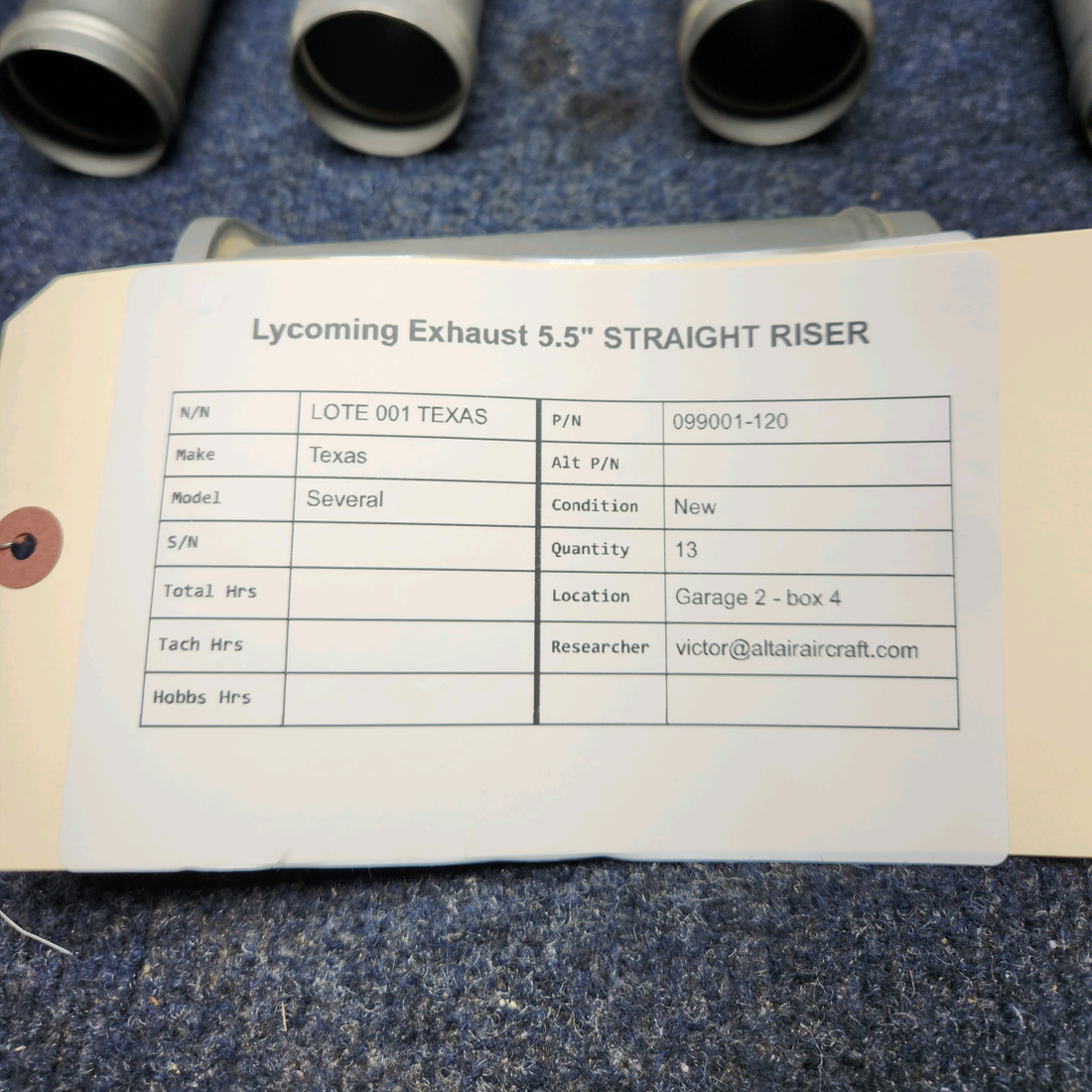 Used aircraft parts for sale, 099001-120 Texas Several LYCOMING EXHAUST 5.5" STRAIGHT RISER PRICE PER EACH.