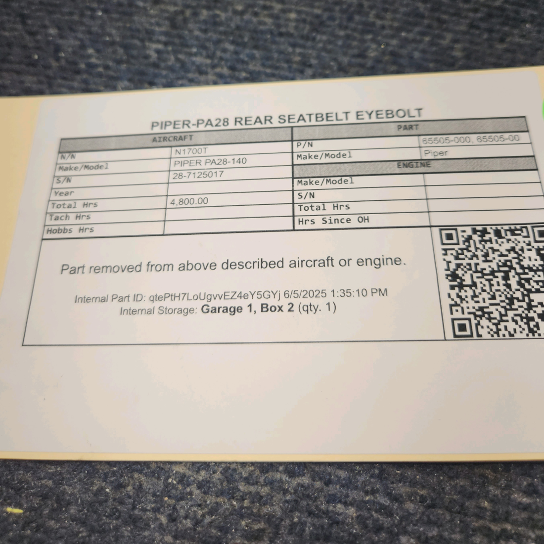 Used aircraft parts for sale, 65505-000 PIPER PA28-140 Rear Seatbelt Eyebolt