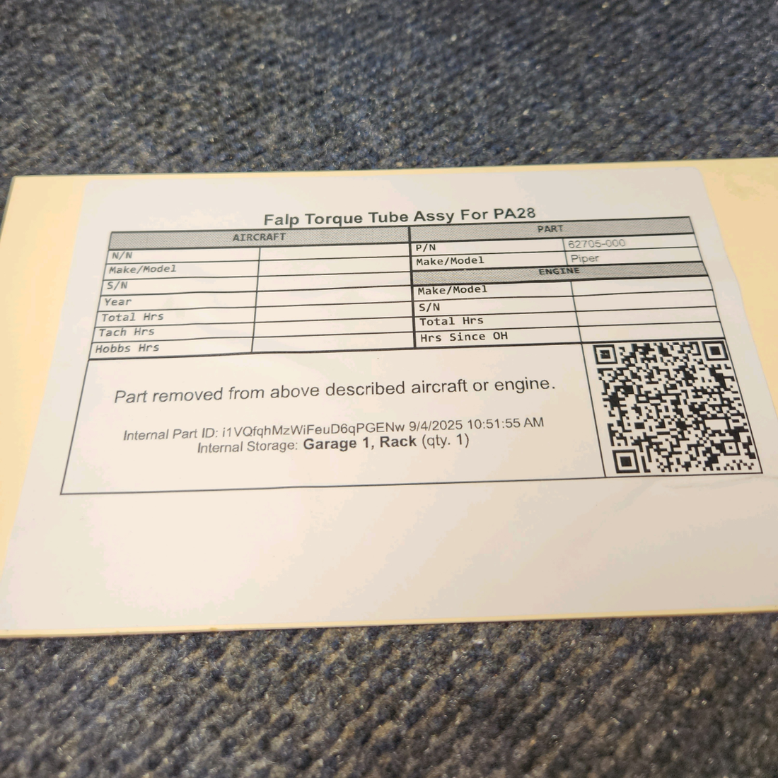 Used aircraft parts for sale, 62705-000 Piper PA28RT-200 Flap Torque Tube Assembly