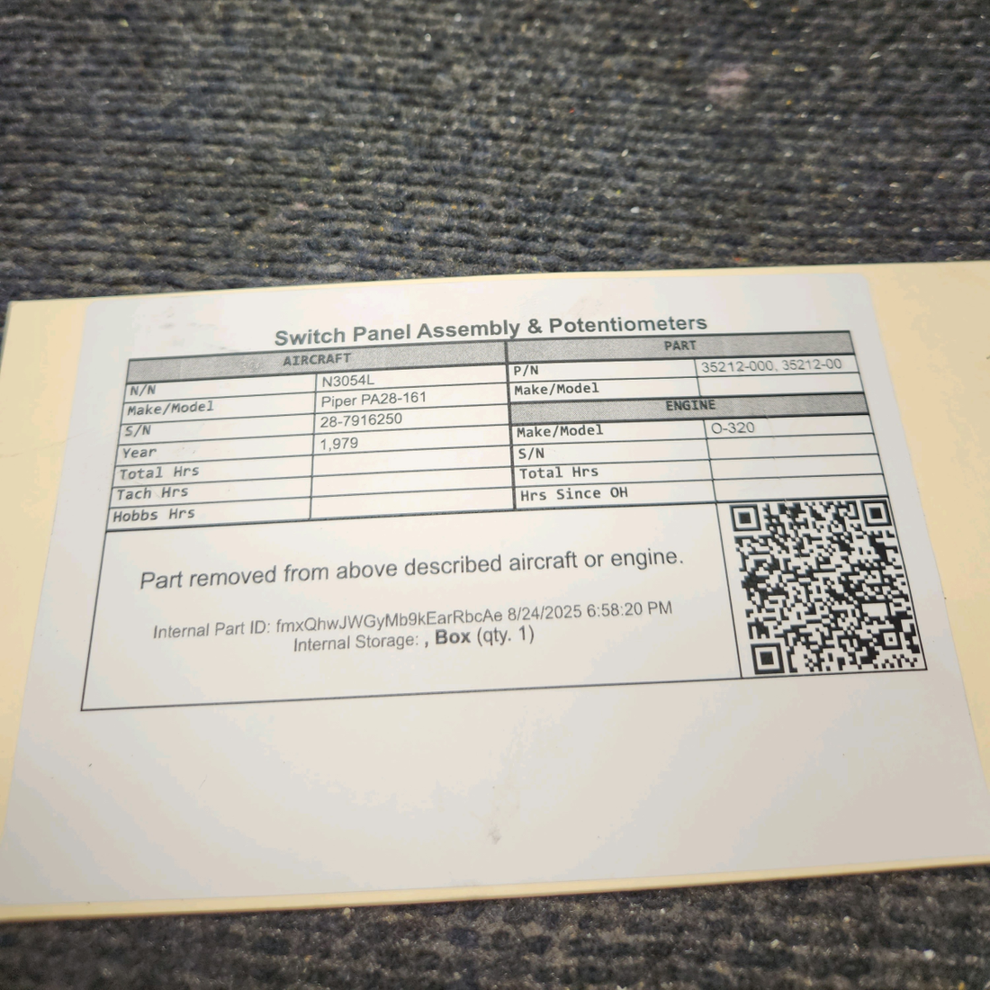 Used aircraft parts for sale, 35212-000 Piper PA28-161 Switch Panel Assembly w/ Potentiometers