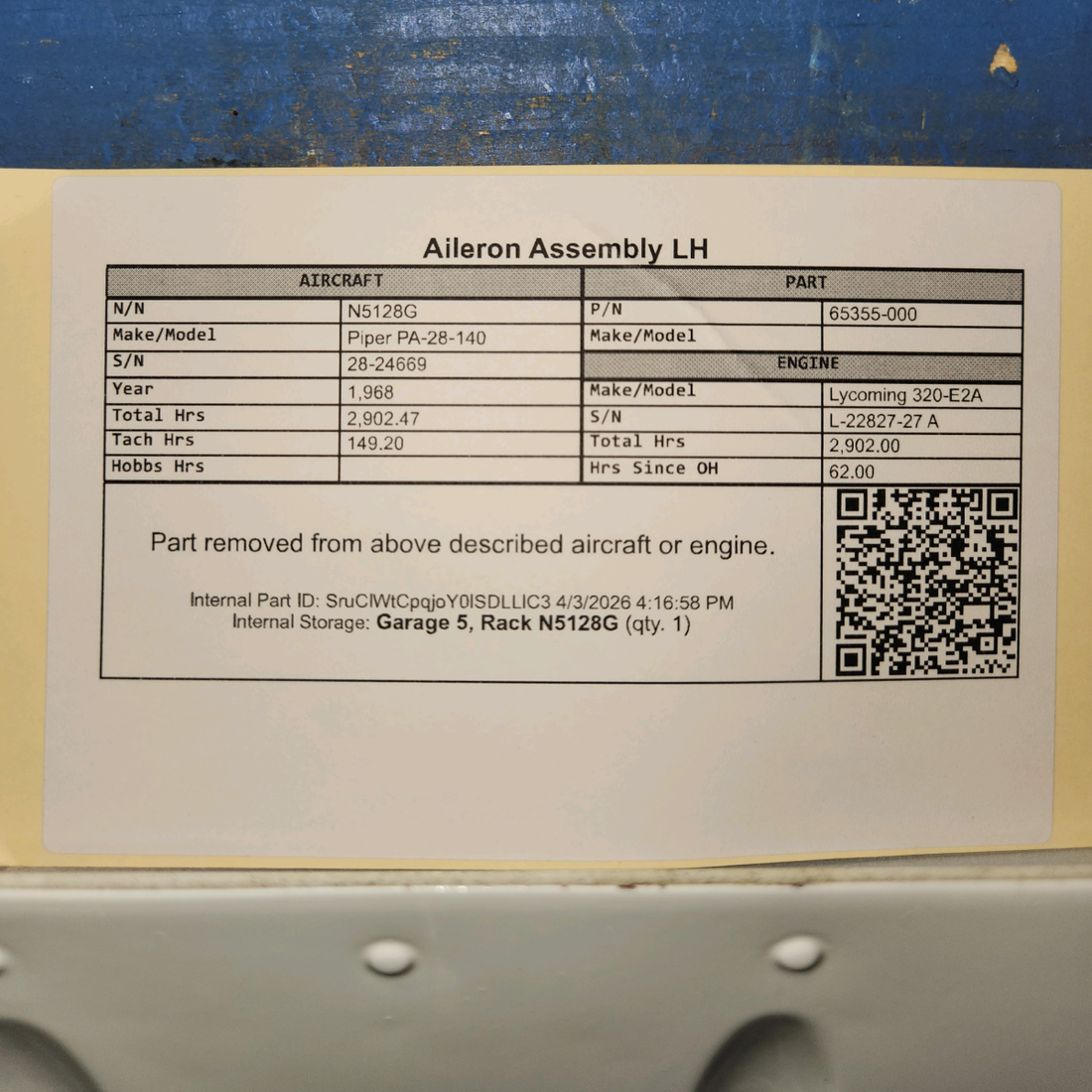 Used aircraft parts for sale, 65355-000 Piper PA-28-140 Aileron Assembly LH