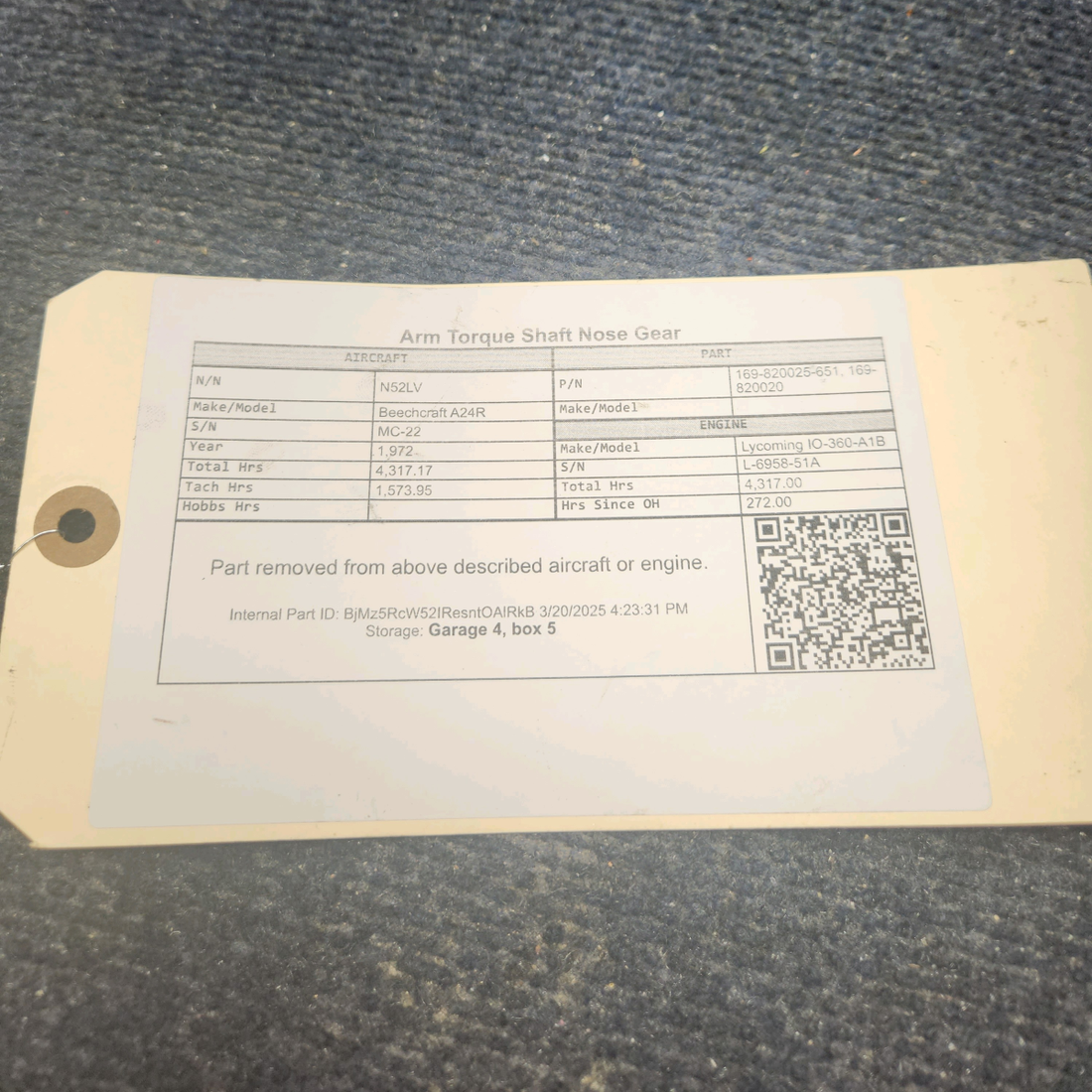 Used aircraft parts for sale, 169-820025-651 Beechcraft A24R Arm Torque Shaft Nose Gear