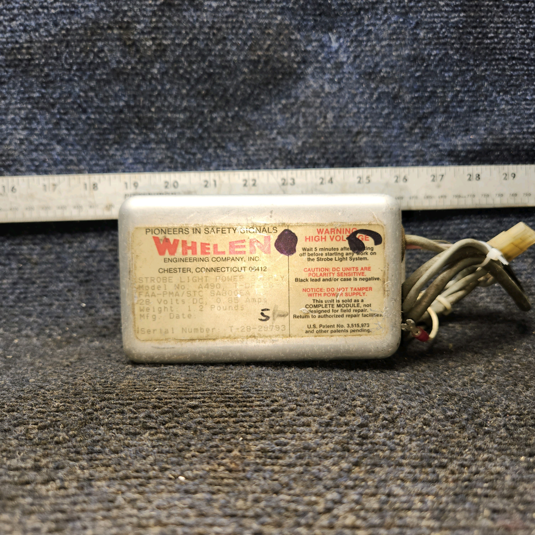 Used aircraft parts for sale, A490,T1-28 Whelen Strobe Light Power Supply (28V)