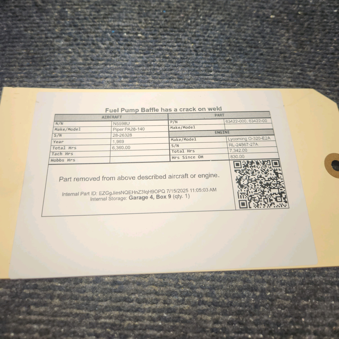 Used aircraft parts for sale, 63422-000 Piper PA28-140 Fuel Pump Baffle - has a crack on weld
