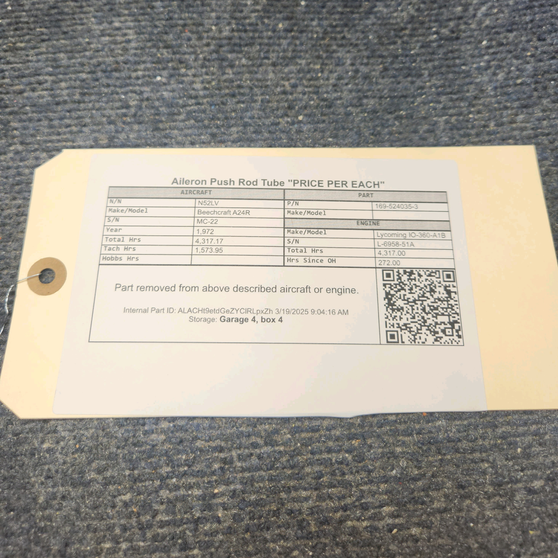 Used aircraft parts for sale, 169-524035-3 Beechcraft A24R Aileron Push Rod Tube "PRICE PER EACH"