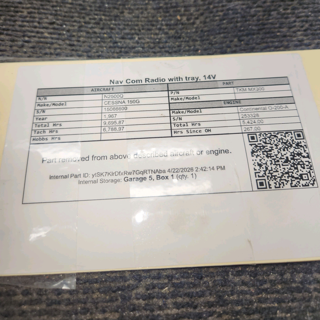 Used aircraft parts for sale, TKM MX300 TKM MX300 cessna 150G NAV/COM Radio with Tray and Connector – 14V