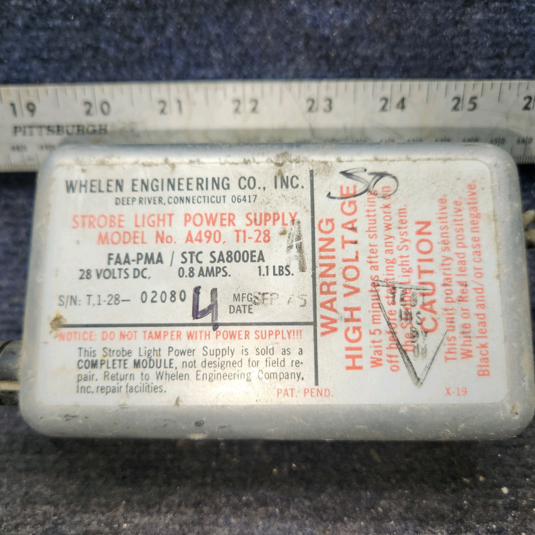 Used aircraft parts for sale, A490,T1-28 Whelen Strobe Light Power Supply (28V)