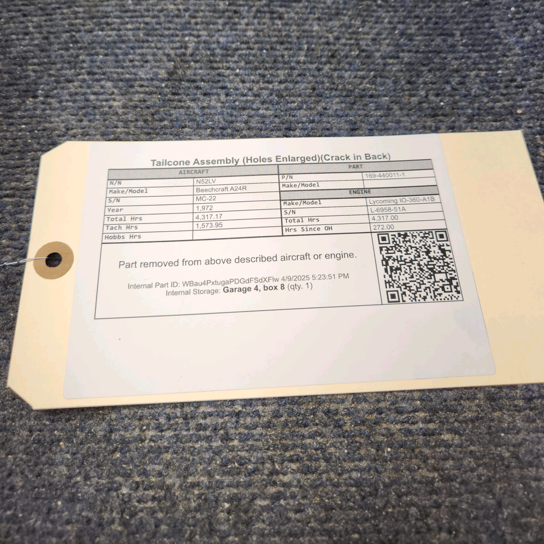 Used aircraft parts for sale, 169-440011-1 Beechcraft A24R Tailcone Assembly (Holes Enlarged)(Crack in Back)