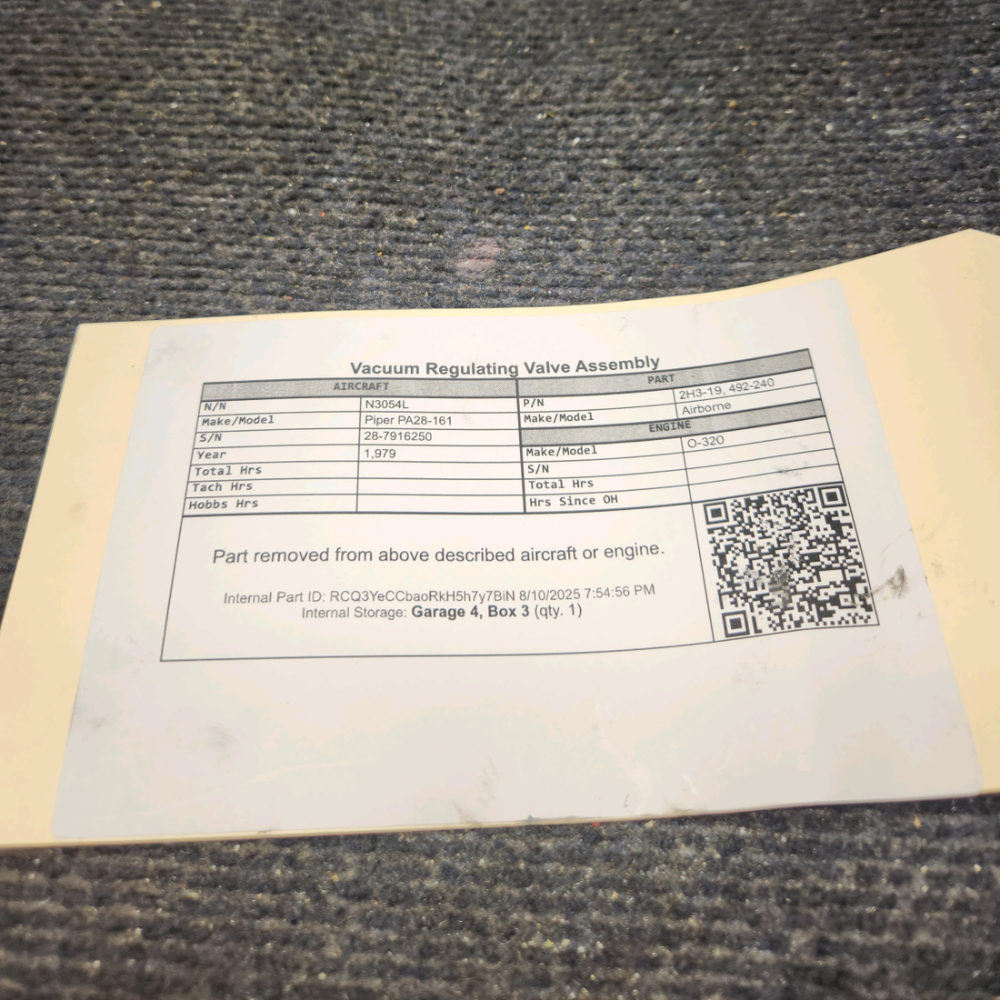 Used aircraft parts for sale, 2H3-19 Airborne Piper PA28-161 Vacuum Regulating Valve Assembly