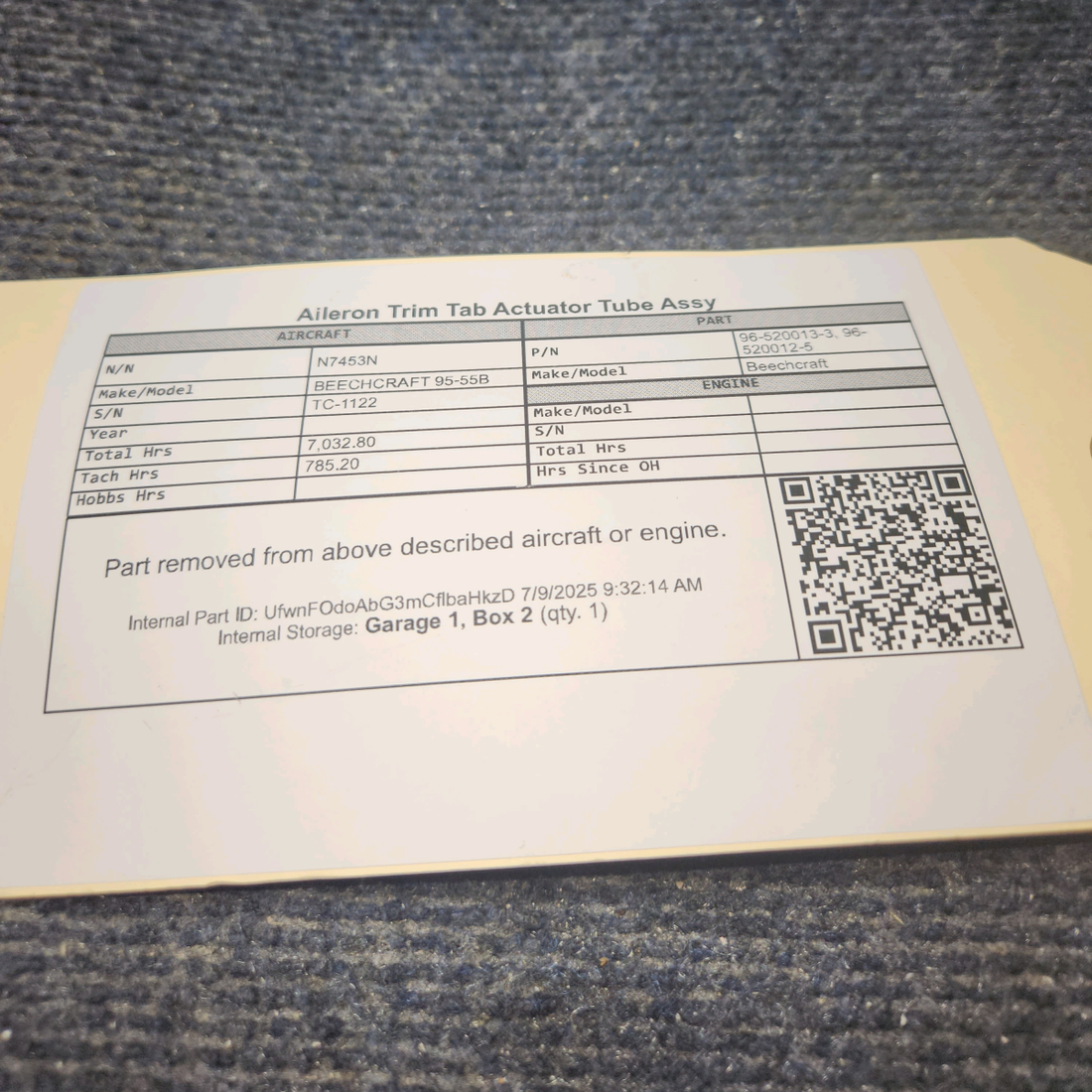 Used aircraft parts for sale, 96-520013-3 Beechcraft BEECHCRAFT 95-55B Aileron Trim Tab Actuator Tube Assy
