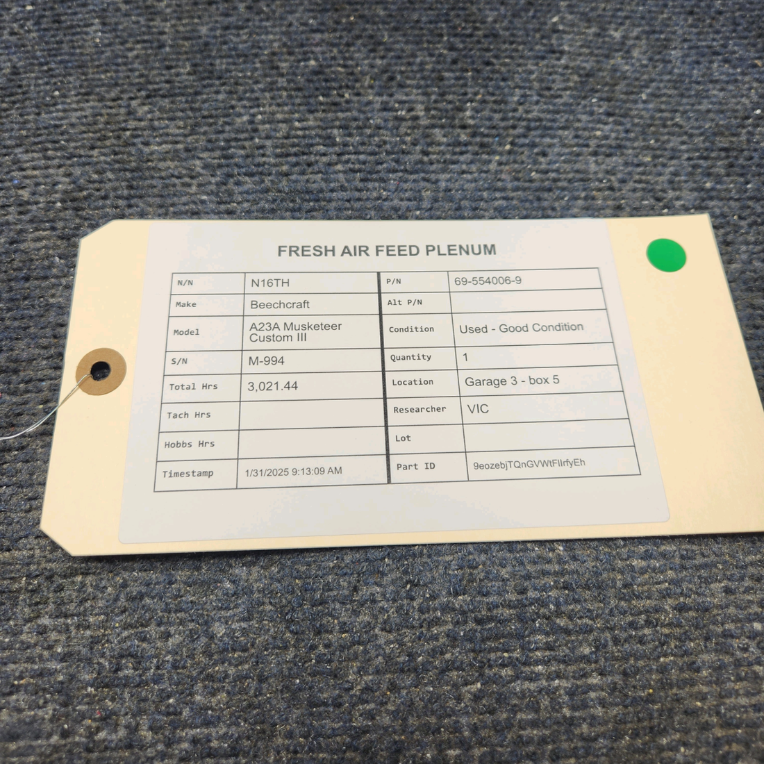 Used aircraft parts for sale, 69-554006-9 Beechcraft A23A Musketeer Custom III FRESH AIR FEED PLENUM