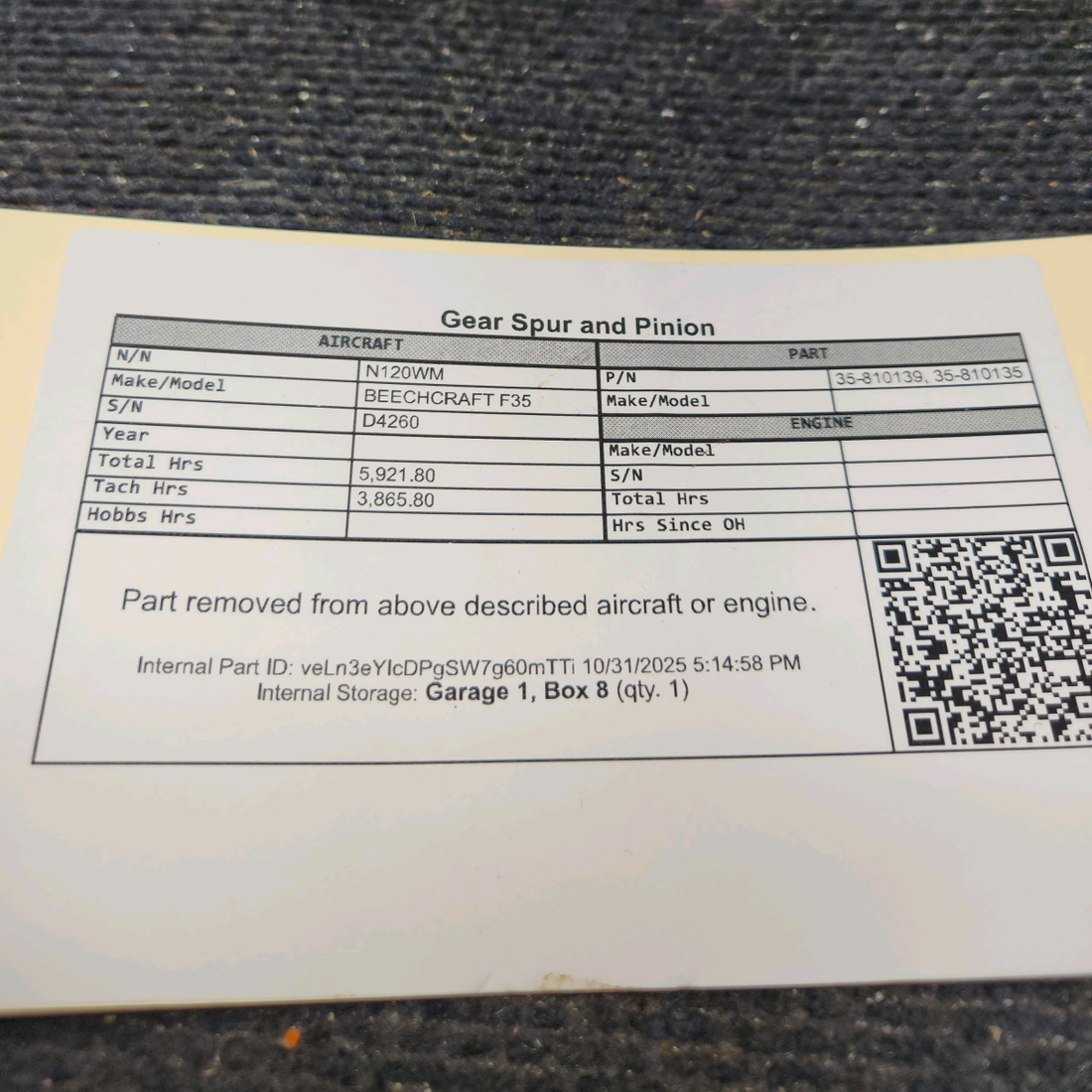 Used aircraft parts for sale, 35-810139 BEECHCRAFT F35 Gear Spur and Pinion