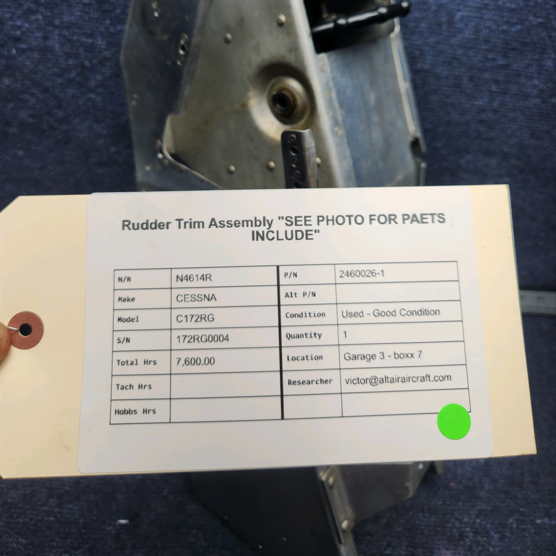 Used aircraft parts for sale, 2460026-1 CESSNA C172RG RUDDER TRIM ASSEMBLY SEE PHOTO FOR PARTS INCLUDE
