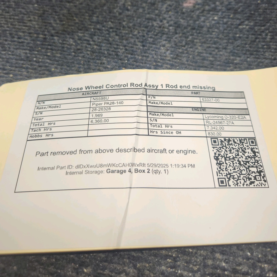Used aircraft parts for sale, 63327-00 Piper PA28-140 Nose Wheel Control Rod Assy - One Rod end missing