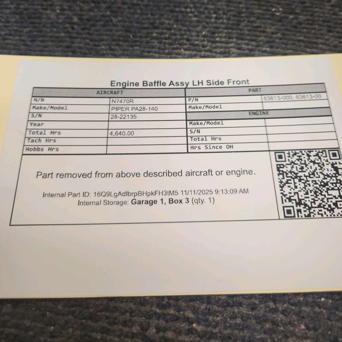 Used aircraft parts for sale, 63613-000 Piper PA28-140 Front Engine Baffle Assembly - LH