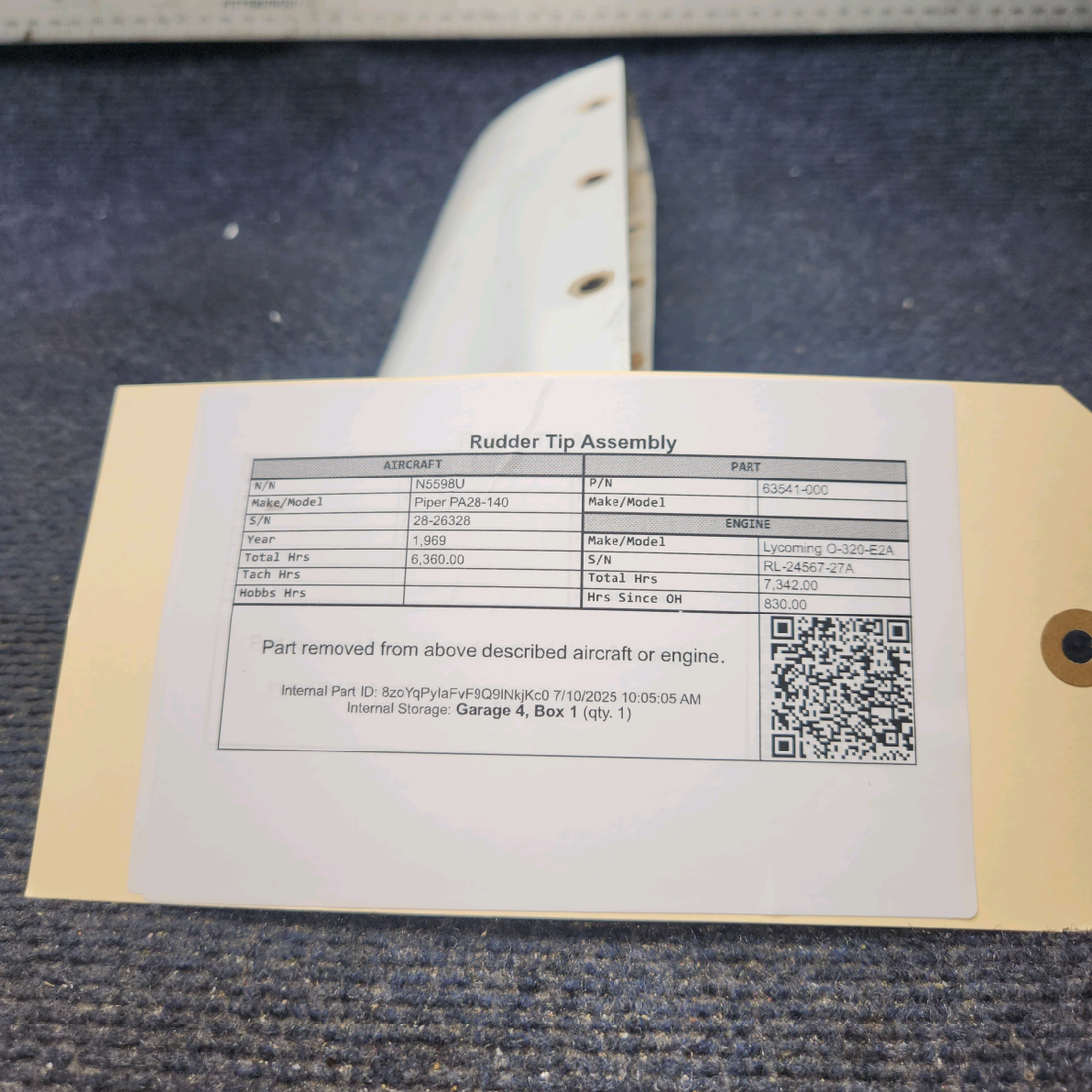 Used aircraft parts for sale, 63541-000 Piper PA28-140 Rudder Tip Assembly