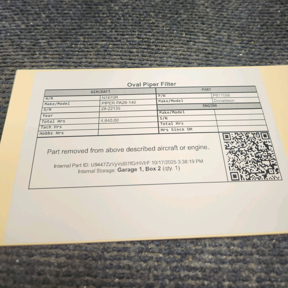 Used aircraft parts for sale, P617058 Donaldson PIPER PA28-140 Oval Piper Filter