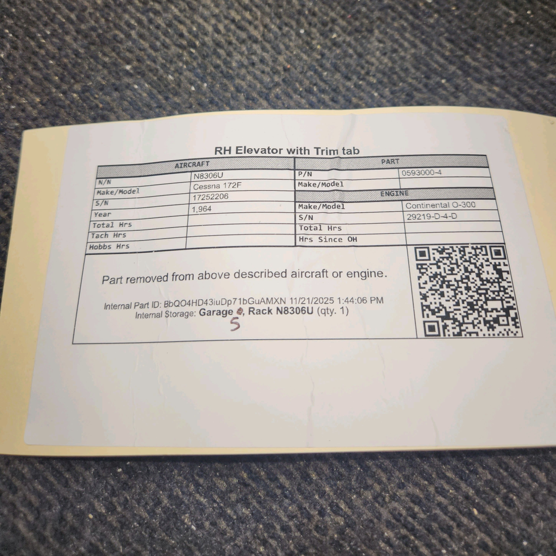 Used aircraft parts for sale, 0593000-4, 0532001-101 Cessna 172F Elevator with Trim Tab - RH