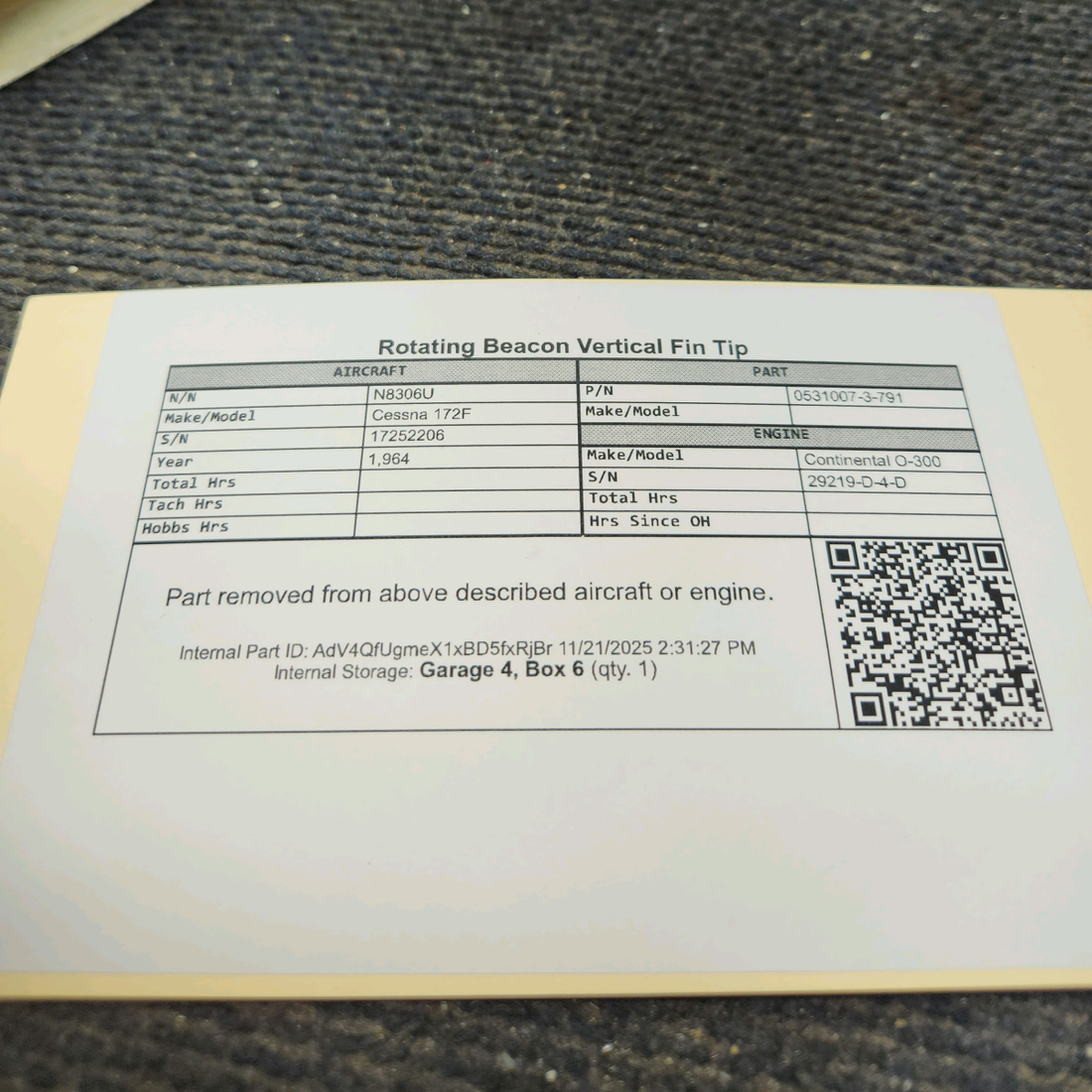 Used aircraft parts for sale, 0531007-3-791 Cessna 172F Rotating Beacon Vertical Fin Tip