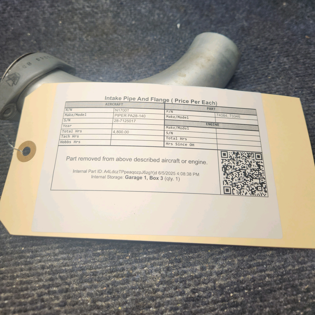Used aircraft parts for sale, 74084 PIPER PA28-140 Intake Pipe And Flange - Price Per Each